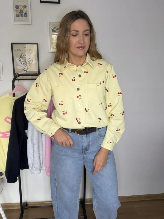 Luźna żółta katana koszula jeansowa jeans oversize wiśnie haft- CHERRY DREAM
