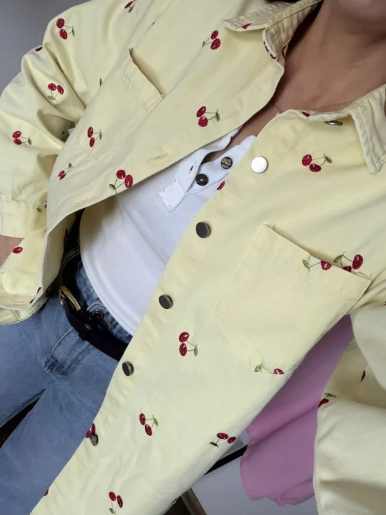 Luźna żółta katana koszula jeansowa jeans oversize wiśnie haft- CHERRY DREAM