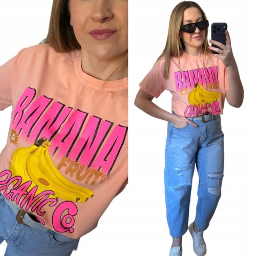 Luźny brzoskwiniowy bawełniany bawełna t-shirt koszulka print banany Azara