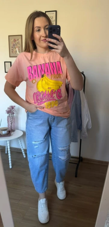 Luźny brzoskwiniowy bawełniany bawełna t-shirt koszulka print banany Azara