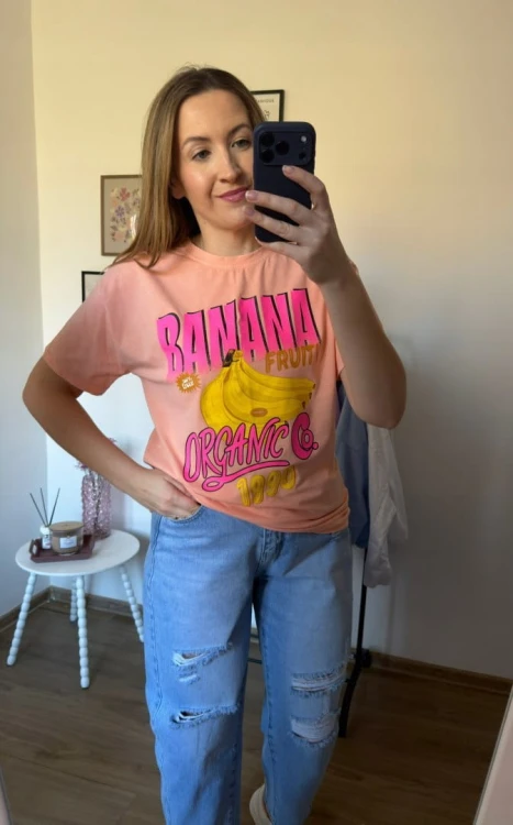 Luźny brzoskwiniowy bawełniany bawełna t-shirt koszulka print banany Azara