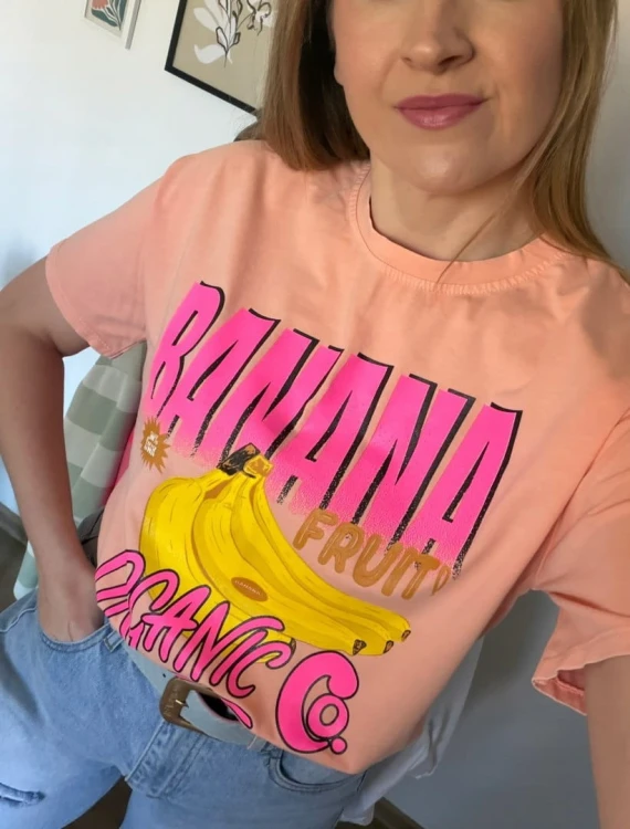 Luźny brzoskwiniowy bawełniany bawełna t-shirt koszulka print banany Azara