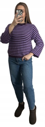 Luźny sweter w poziome paski szeroki rękaw wiskoza wełna fiolet śliwka- STRIPY BELLA
