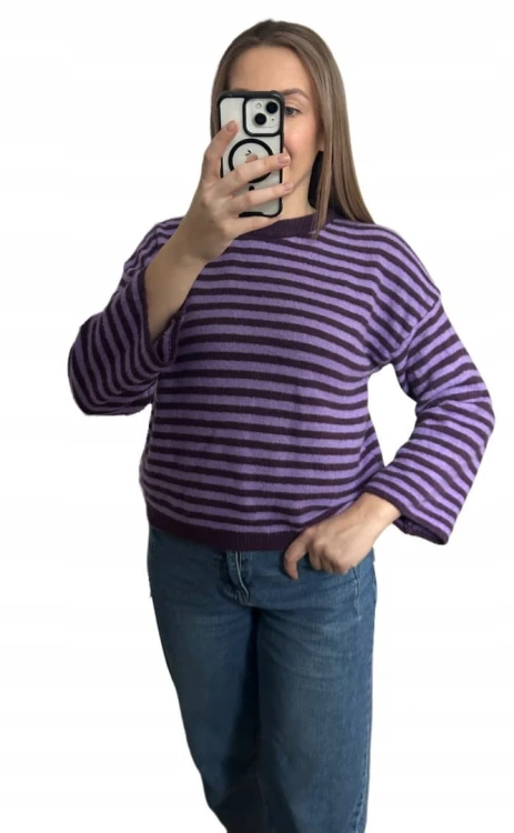 Luźny sweter w poziome paski szeroki rękaw wiskoza wełna fiolet śliwka- STRIPY BELLA