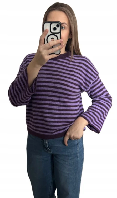Luźny sweter w poziome paski szeroki rękaw wiskoza wełna fiolet śliwka- STRIPY BELLA