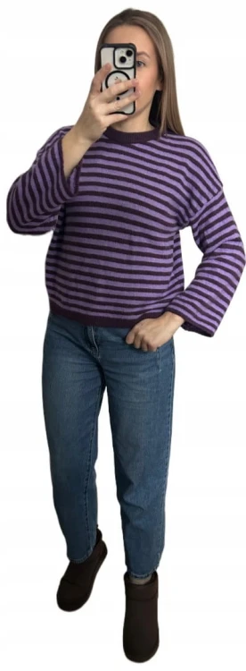 Luźny sweter w poziome paski szeroki rękaw wiskoza wełna fiolet śliwka- STRIPY BELLA