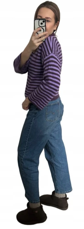 Luźny sweter w poziome paski szeroki rękaw wiskoza wełna fiolet śliwka- STRIPY BELLA