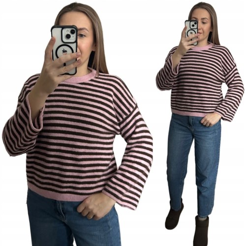Luźny sweter w poziome paski szeroki rękaw wiskoza wełna róż czekolada - STRIPY BELLA