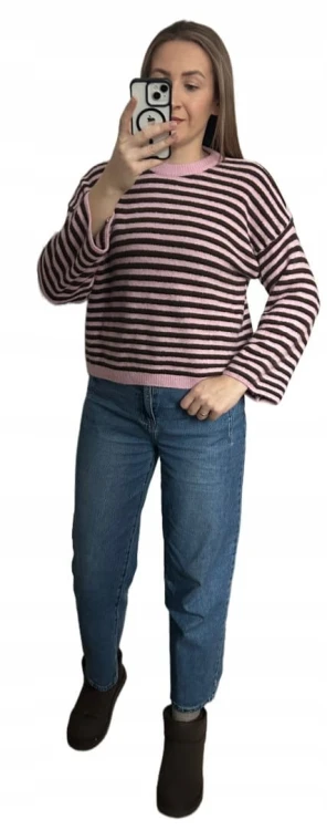 Luźny sweter w poziome paski szeroki rękaw wiskoza wełna róż czekolada - STRIPY BELLA