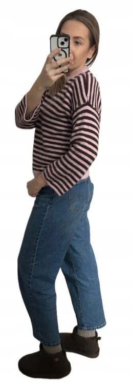 Luźny sweter w poziome paski szeroki rękaw wiskoza wełna róż czekolada - STRIPY BELLA