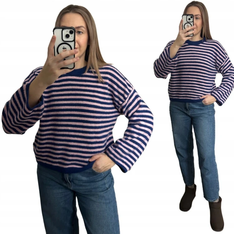 Luźny sweter w poziome paski szeroki rękaw wiskoza wełna róż granat- STRIPY BELLA