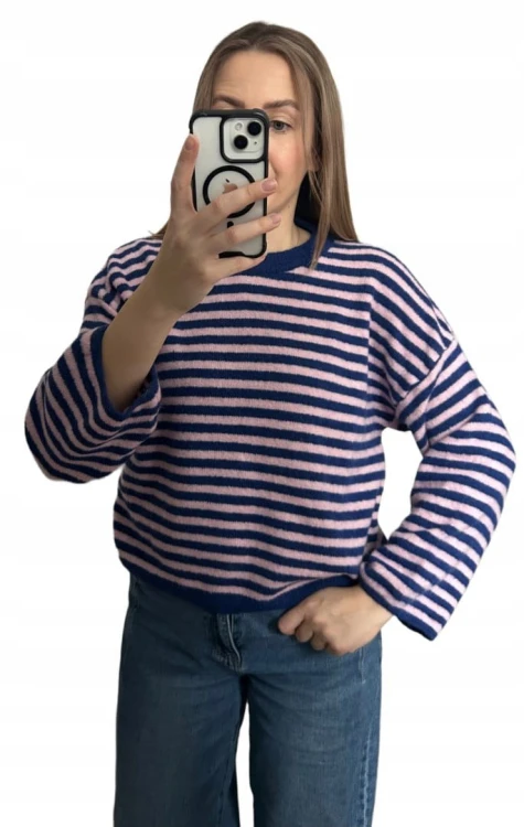 Luźny sweter w poziome paski szeroki rękaw wiskoza wełna róż granat- STRIPY BELLA