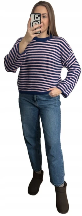 Luźny sweter w poziome paski szeroki rękaw wiskoza wełna róż granat- STRIPY BELLA
