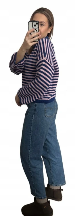 Luźny sweter w poziome paski szeroki rękaw wiskoza wełna róż granat- STRIPY BELLA