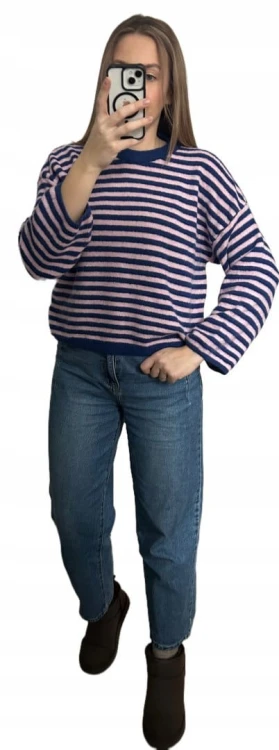 Luźny sweter w poziome paski szeroki rękaw wiskoza wełna róż granat- STRIPY BELLA