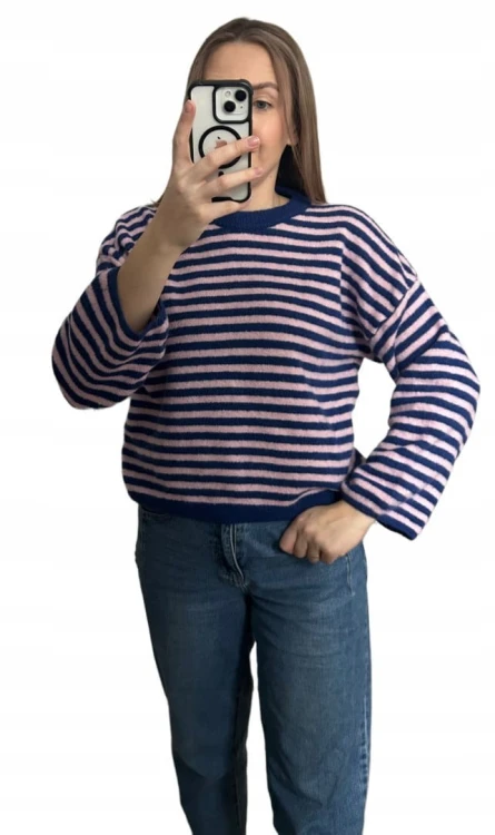 Luźny sweter w poziome paski szeroki rękaw wiskoza wełna róż granat- STRIPY BELLA