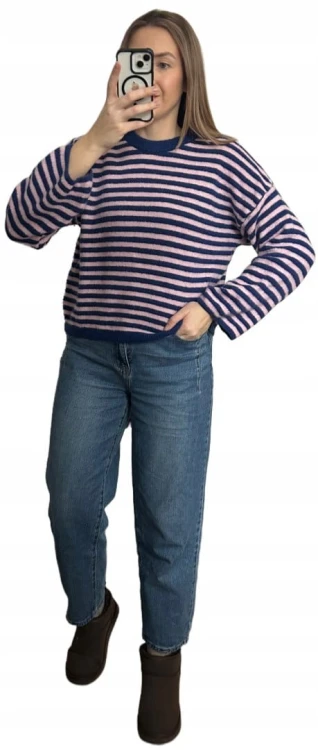 Luźny sweter w poziome paski szeroki rękaw wiskoza wełna róż granat- STRIPY BELLA