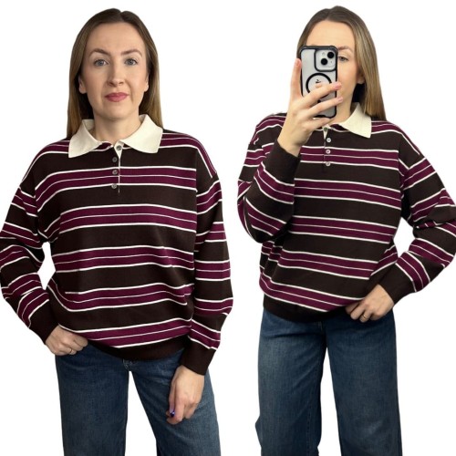 Luźny sweter z kołnierzem polo w paski oversize brązowy bordowy wiskoza- POLOLINE