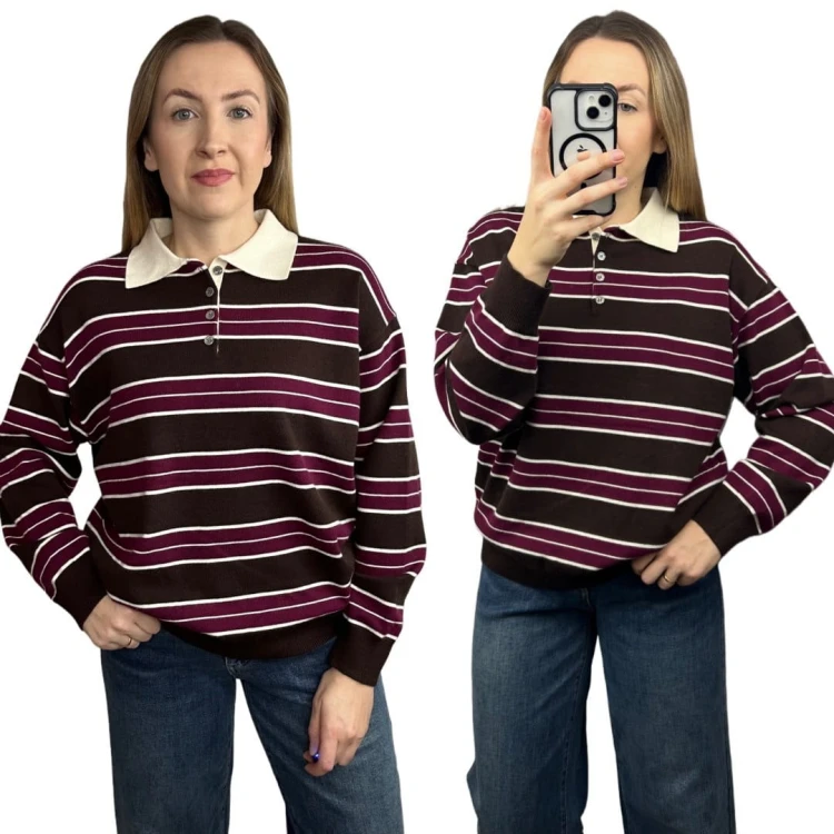 Luźny sweter z kołnierzem polo w paski oversize brązowy bordowy wiskoza- POLOLINE