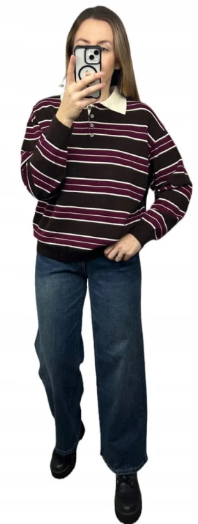 Luźny sweter z kołnierzem polo w paski oversize brązowy bordowy wiskoza- POLOLINE