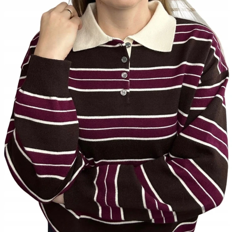 Luźny sweter z kołnierzem polo w paski oversize brązowy bordowy wiskoza- POLOLINE