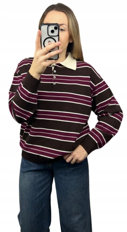 Luźny sweter z kołnierzem polo w paski oversize brązowy bordowy wiskoza- POLOLINE