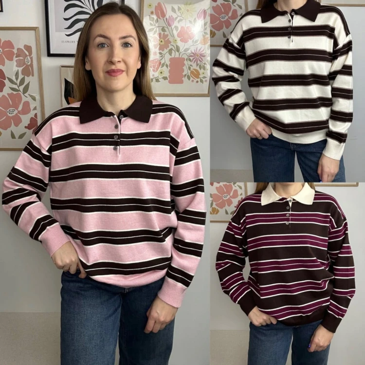 Luźny sweter z kołnierzem polo w paski oversize brązowy bordowy wiskoza- POLOLINE