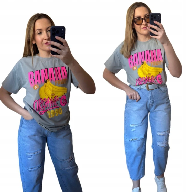 Luźny szary bawełniany bawełna t-shirt koszulka print banany Azara