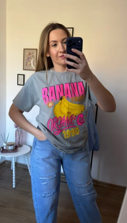 Luźny szary bawełniany bawełna t-shirt koszulka print banany Azara