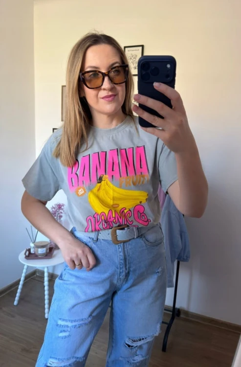 Luźny szary bawełniany bawełna t-shirt koszulka print banany Azara