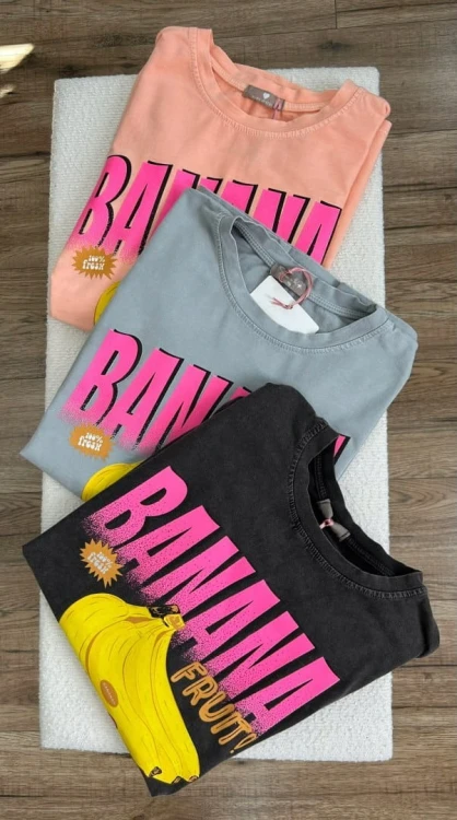 Luźny szary bawełniany bawełna t-shirt koszulka print banany Azara