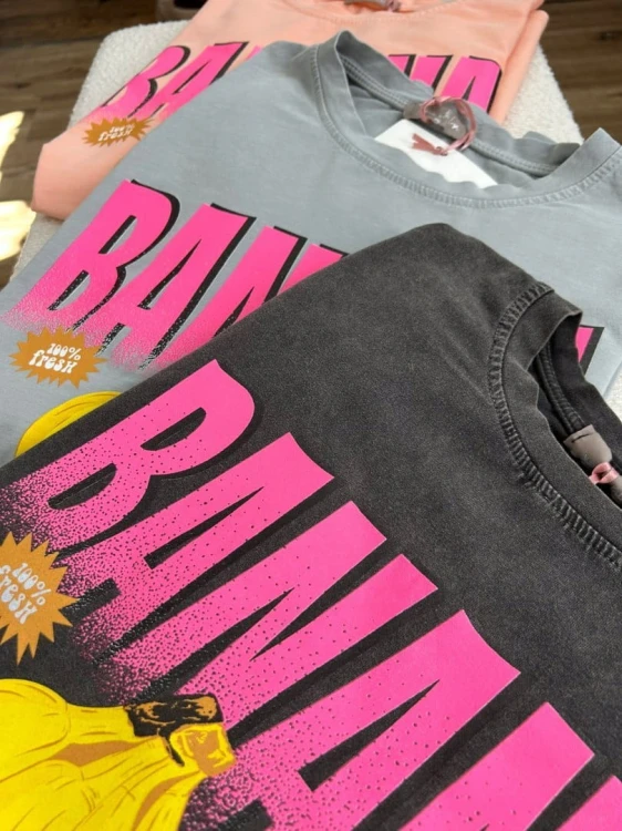 Luźny szary bawełniany bawełna t-shirt koszulka print banany Azara