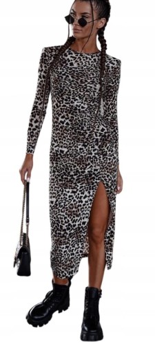 Midi dłuższa dopasowana sukienka rozcięcie wiskoza panterka Me Gusta S M