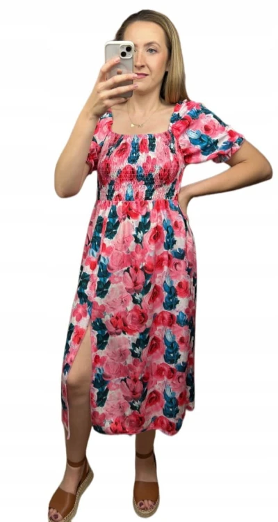 Midi dłuższa sukienka hiszpanka rozcięcie kwiaty kwiatki wiskoza S M L