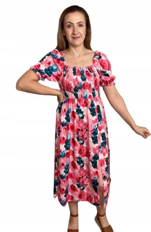 Midi dłuższa sukienka hiszpanka rozcięcie kwiaty kwiatki wiskoza S M L