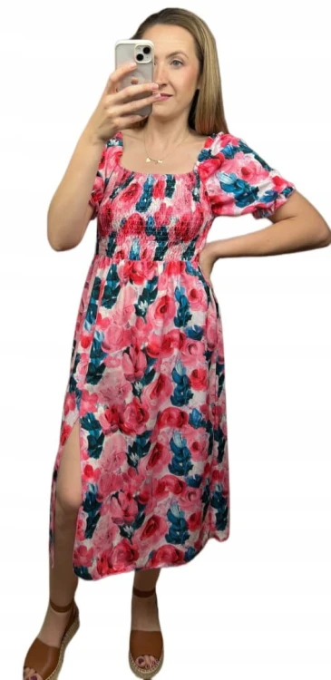 Midi dłuższa sukienka hiszpanka rozcięcie kwiaty kwiatki wiskoza S M L