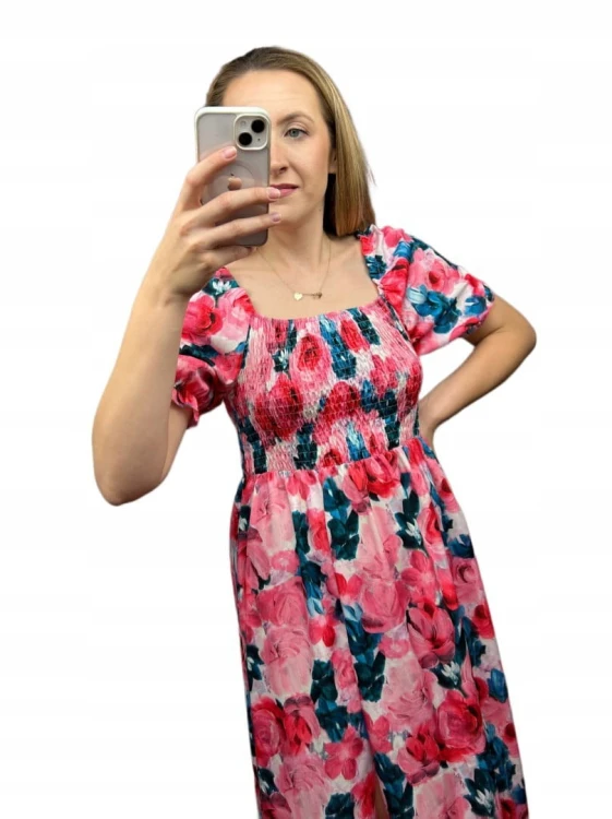 Midi dłuższa sukienka hiszpanka rozcięcie kwiaty kwiatki wiskoza S M L