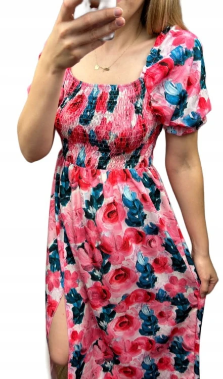 Midi dłuższa sukienka hiszpanka rozcięcie kwiaty kwiatki wiskoza S M L