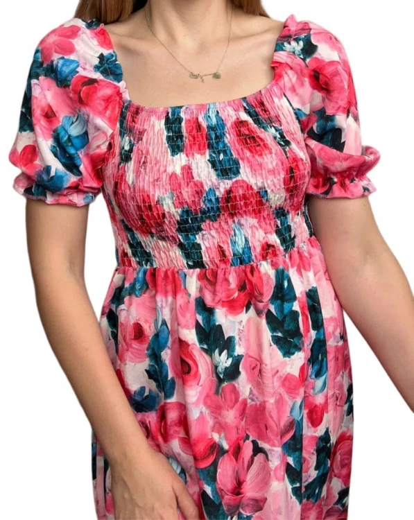 Midi dłuższa sukienka hiszpanka rozcięcie kwiaty kwiatki wiskoza S M L