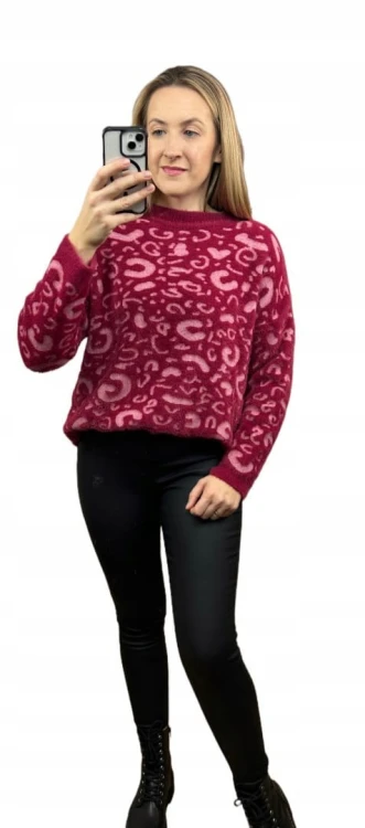 Miękki wzorzysty sweterek oversize luźny panterka cętki wiskoza wełna