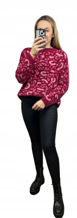 Miękki wzorzysty sweterek oversize luźny panterka cętki wiskoza wełna