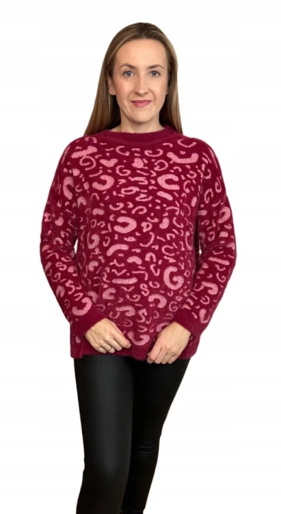 Miękki wzorzysty sweterek oversize luźny panterka cętki wiskoza wełna