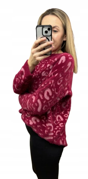 Miękki wzorzysty sweterek oversize luźny panterka cętki wiskoza wełna