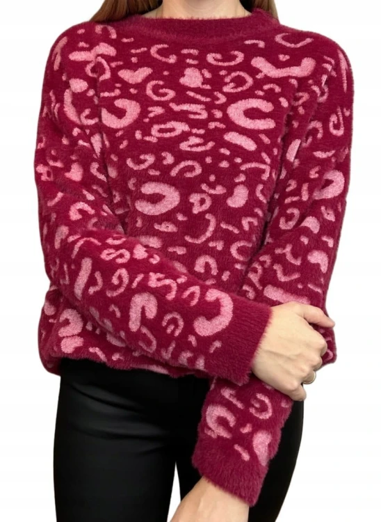 Miękki wzorzysty sweterek oversize luźny panterka cętki wiskoza wełna