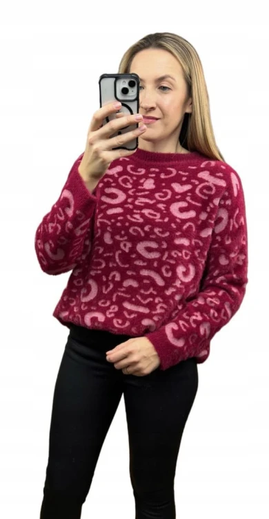 Miękki wzorzysty sweterek oversize luźny panterka cętki wiskoza wełna