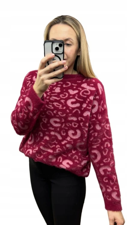 Miękki wzorzysty sweterek oversize luźny panterka cętki wiskoza wełna