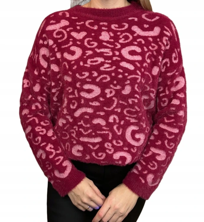 Miękki wzorzysty sweterek oversize luźny panterka cętki wiskoza wełna