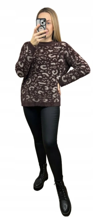 Miękki wzorzysty sweterek oversize luźny panterka cętki wiskoza wełna
