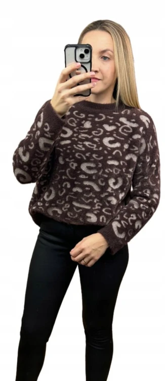Miękki wzorzysty sweterek oversize luźny panterka cętki wiskoza wełna