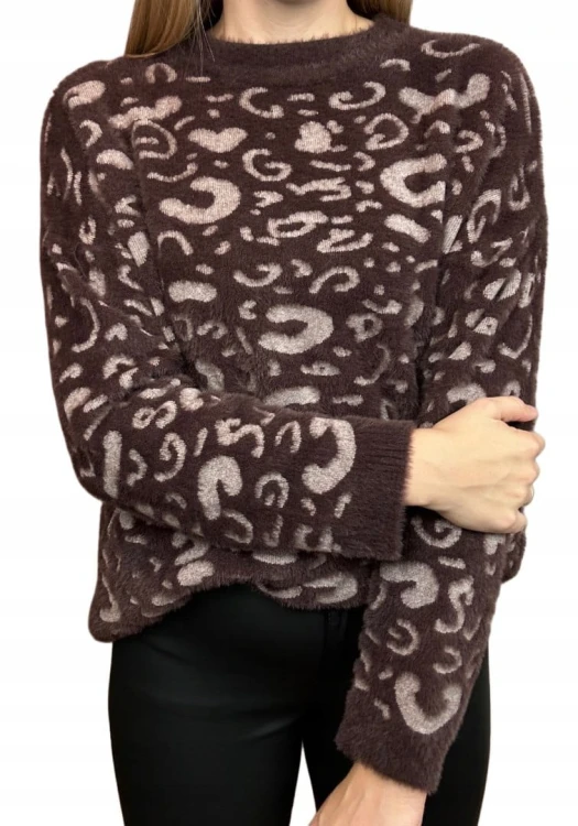 Miękki wzorzysty sweterek oversize luźny panterka cętki wiskoza wełna
